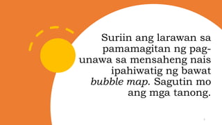Suriin ang larawan sa
pamamagitan ng pag-
unawa sa mensaheng nais
ipahiwatig ng bawat
bubble map. Sagutin mo
ang mga tanong.
1
 