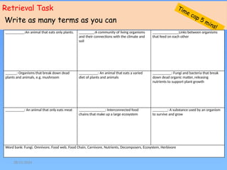 28/11/2024
Retrieval Task
Write as many terms as you can
Time cap 5 mins!
__________:An animal that eats only plants. ________:A community of living organisms
and their connections with the climate and
soil
______________Links between organisms
that feed on each other
______: Organisms that break down dead
plants and animals, e.g. mushroom
__________: An animal that eats a varied
diet of plants and animals
__________: Fungi and bacteria that break
down dead organic matter, releasing
nutrients to support plant growth
__________: An animal that only eats meat ______________: Interconnected food
chains that make up a large ecosystem
________: A substance used by an organism
to survive and grow
Word bank: Fungi, Omnivore, Food web, Food Chain, Carnivore, Nutrients, Decomposers, Ecosystem, Herbivore
 