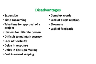 • Expensive
• Time consuming
• Take time for approval of a
project
• Useless for illiterate person
• Difficult to maintain secrecy
• Lack of flexibility
• Delay in response
• Delay in decision making
• Cost in record keeping
• Complex words
• Lack of direct relation
• Slowness
• Lack of feedback
Disadvantages
 