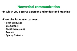 Nonverbal communication
• In which you observe a person and understand meaning
• Examples for nonverbal cues:
• Body Language
• Eye Contact
• Facial Expressions
• Posture
• Space/ Distance
 