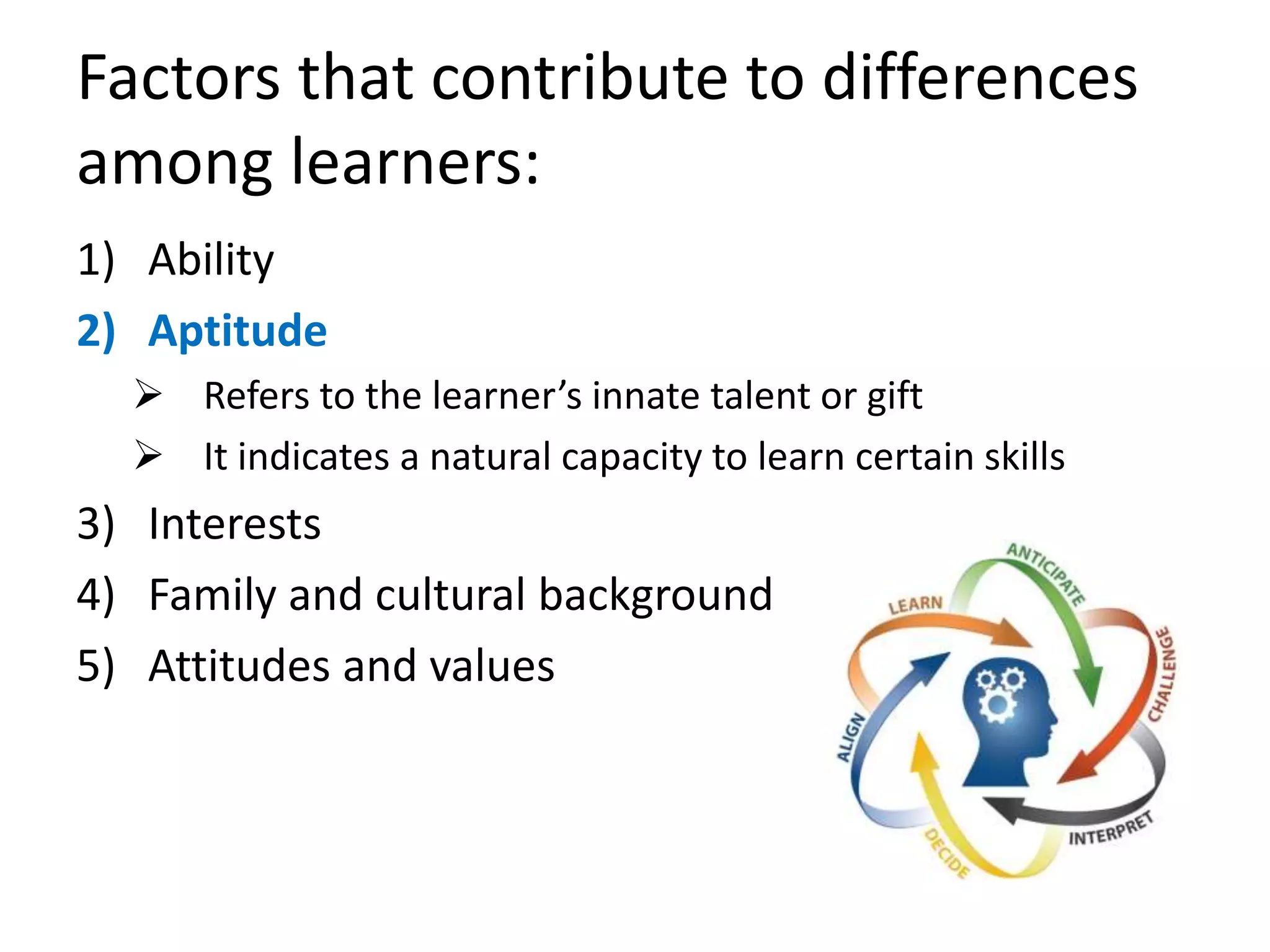 Factors that contribute to differences
among learners:
1) Ability
2) Aptitude
 Refers to the learner’s innate talent or gift
 It indicates a natural capacity to learn certain skills
3) Interests
4) Family and cultural background
5) Attitudes and values
 