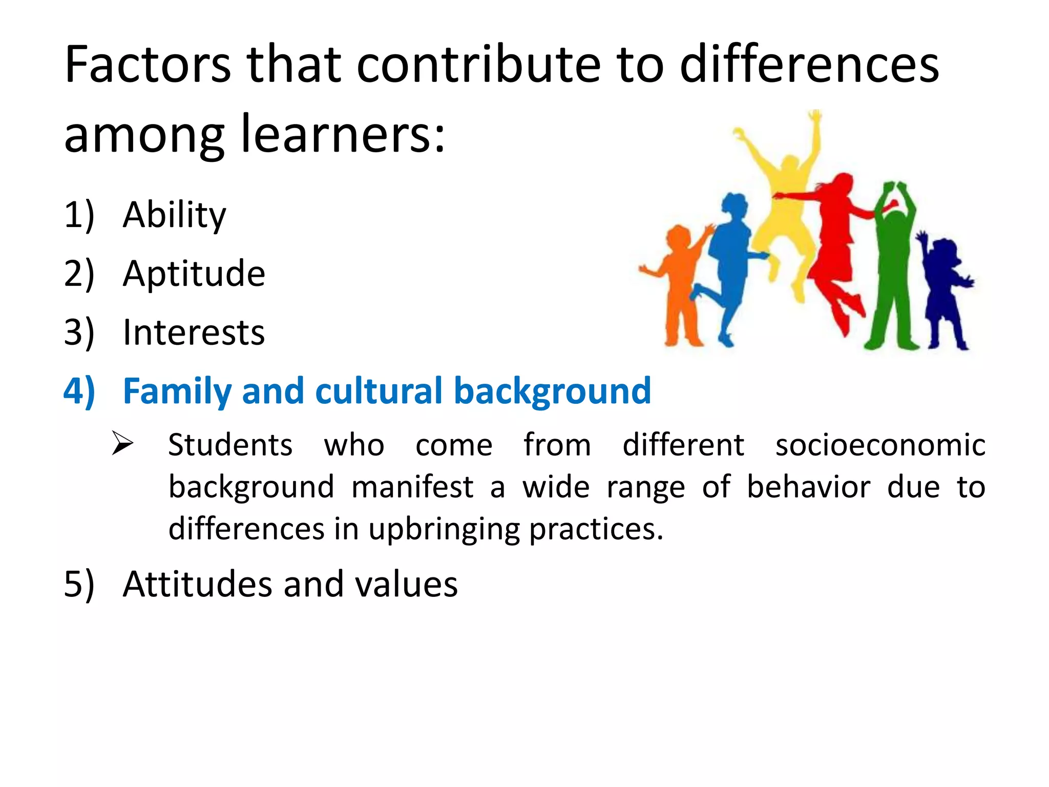 Factors that contribute to differences
among learners:
1) Ability
2) Aptitude
3) Interests
4) Family and cultural background
 Students who come from different socioeconomic
background manifest a wide range of behavior due to
differences in upbringing practices.
5) Attitudes and values
 