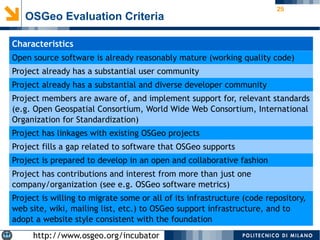 25
OSGeo Evaluation Criteria
Characteristics
Open source software is already reasonably mature (working quality code)
Project already has a substantial user community
Project already has a substantial and diverse developer community
Project members are aware of, and implement support for, relevant standards
(e.g. Open Geospatial Consortium, World Wide Web Consortium, International
Organization for Standardization)
Project has linkages with existing OSGeo projects
Project fills a gap related to software that OSGeo supports
Project is prepared to develop in an open and collaborative fashion
Project has contributions and interest from more than just one
company/organization (see e.g. OSGeo software metrics)
Project is willing to migrate some or all of its infrastructure (code repository,
web site, wiki, mailing list, etc.) to OSGeo support infrastructure, and to
adopt a website style consistent with the foundation
http://www.osgeo.org/incubator
 