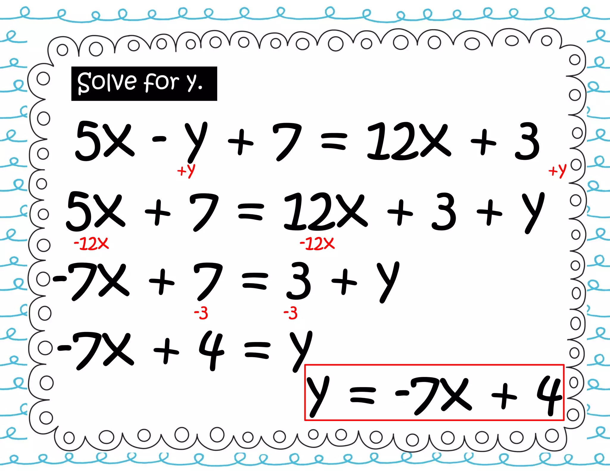 Solve for y.
5x - y + 7 = 12x + 3+y +y
5x + 7 = 12x + 3 + y-12x -12x
-7x + 7 = 3 + y-3 -3
-7x + 4 = y
y = -7x + 4
 
