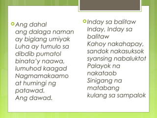 Ang dahal
ang dalaga naman
ay biglang umiyak
Luha ay tumulo sa
dibdib pumatol
binata’y naawa,
lumuhod kaagad
Nagmamakaamo
at humingi ng
patawad.
Ang dawad.
Inday sa balitaw
Inday, Inday sa
balitaw
Kahoy nakahapay,
sandok nakasuksok
syansing nabaluktot
Palayok na
nakataob
Sinigang na
matabang
kulang sa sampalok
 