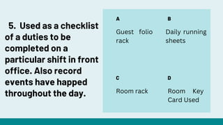 A
C
B
D
Guest folio
rack
Daily running
sheets
Room rack Room Key
Card Used
5. Used as a checklist
of a duties to be
completed on a
particular shift in front
office. Also record
events have happed
throughout the day.
 