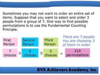 Sometimes you may not want to order an entire set of
items. Suppose that you want to select and order 3
people from a group of 7. One way to find possible
permutations is to use the Fundamental Counting
Principle.
First
Person
Second
Person
Third
Person
There are 7 people.
You are choosing 3
of them in order.
7
choices
6
choices
5
choices
  =
210
permutations
 