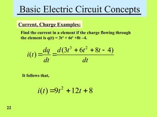 Basic Electric Circuit Concepts
Current, Charge Examples:
Find the current in a element if the charge flowing through
the element is q(t) = 3t3
+ 6t2
+8t –4.
3 2
(3 6 8 4)
( )
dq d t t t
i t
dt dt
  
 
It follows that,
2
( ) 9 12 8
i t t t
  
22
 