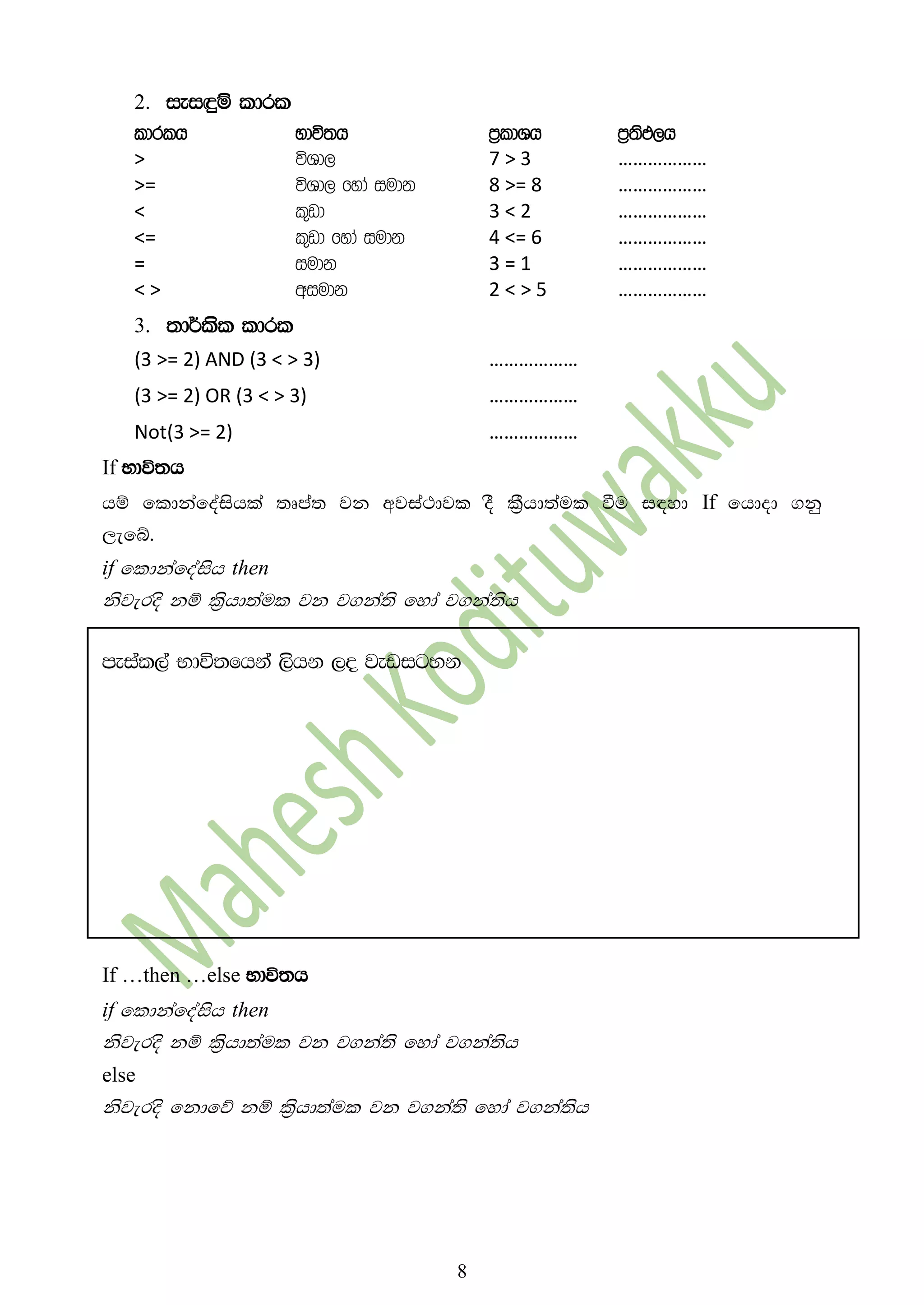 8
2. iei÷ï ldrl
ldrlh Ndú;h m%ldYh m%;sM,h
> úYd, 7 > 3 ………………
>= úYd, fyda iudk 8 >= 8 ………………
< l=vd 3 < 2 ………………
<= l=vd fyda iudk 4 <= 6 ………………
= iudk 3 = 1 ………………
< > wiudk 2 < > 5 ………………
3. ;d¾lsl ldrl
(3 >= 2) AND (3 < > 3) ………………
(3 >= 2) OR (3 < > 3) ………………
Not(3 >= 2) ………………
If Ndú;h
hï fldkafoaishla ;Dma; jk wjia:djl oS l%Shd;aul ùu i|yd If fhdod .kq
,efí'
if fldkafoaish then
ksjeros kï l%shd;aul jk j.ka;s fyda j.ka;sh
meial,a Ndú;fhka ,shk ,o jevigyk
If …then …else Ndú;h
if fldkafoaish then
ksjeros kï l%shd;aul jk j.ka;s fyda j.ka;sh
else
ksjeros fkdfõ kï l%shd;aul jk j.ka;s fyda j.ka;sh
 
