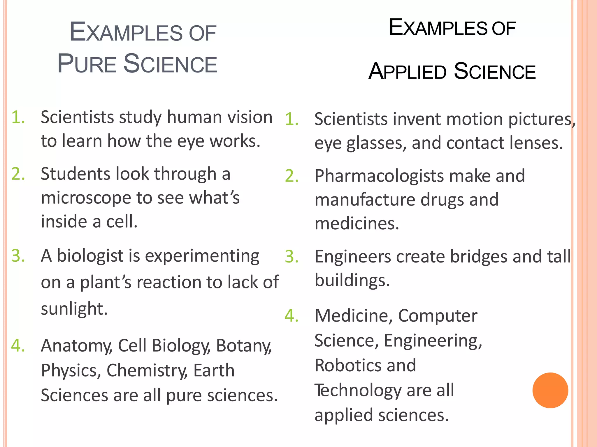 EXAMPLES OF
PURE SCIENCE
1. Scientists study human vision
to learn how the eye works.
2. Students look through a
microscope to see what’s
inside a cell.
3. A biologist is experimenting
on a plant’s reaction to lack of
sunlight.
4. Anatomy, Cell Biology, Botany,
Physics, Chemistry, Earth
Sciences are all pure sciences.
EXAMPLES OF
APPLIED SCIENCE
1. Scientists invent motion pictures,
eye glasses, and contact lenses.
2. Pharmacologists make and
manufacture drugs and
medicines.
3. Engineers create bridges and tall
buildings.
4. Medicine, Computer
Science, Engineering,
Robotics and
T
echnology are all
applied sciences.
 