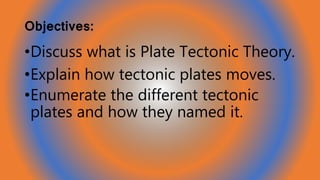 Objectives:
•Discuss what is Plate Tectonic Theory.
•Explain how tectonic plates moves.
•Enumerate the different tectonic
plates and how they named it.
 