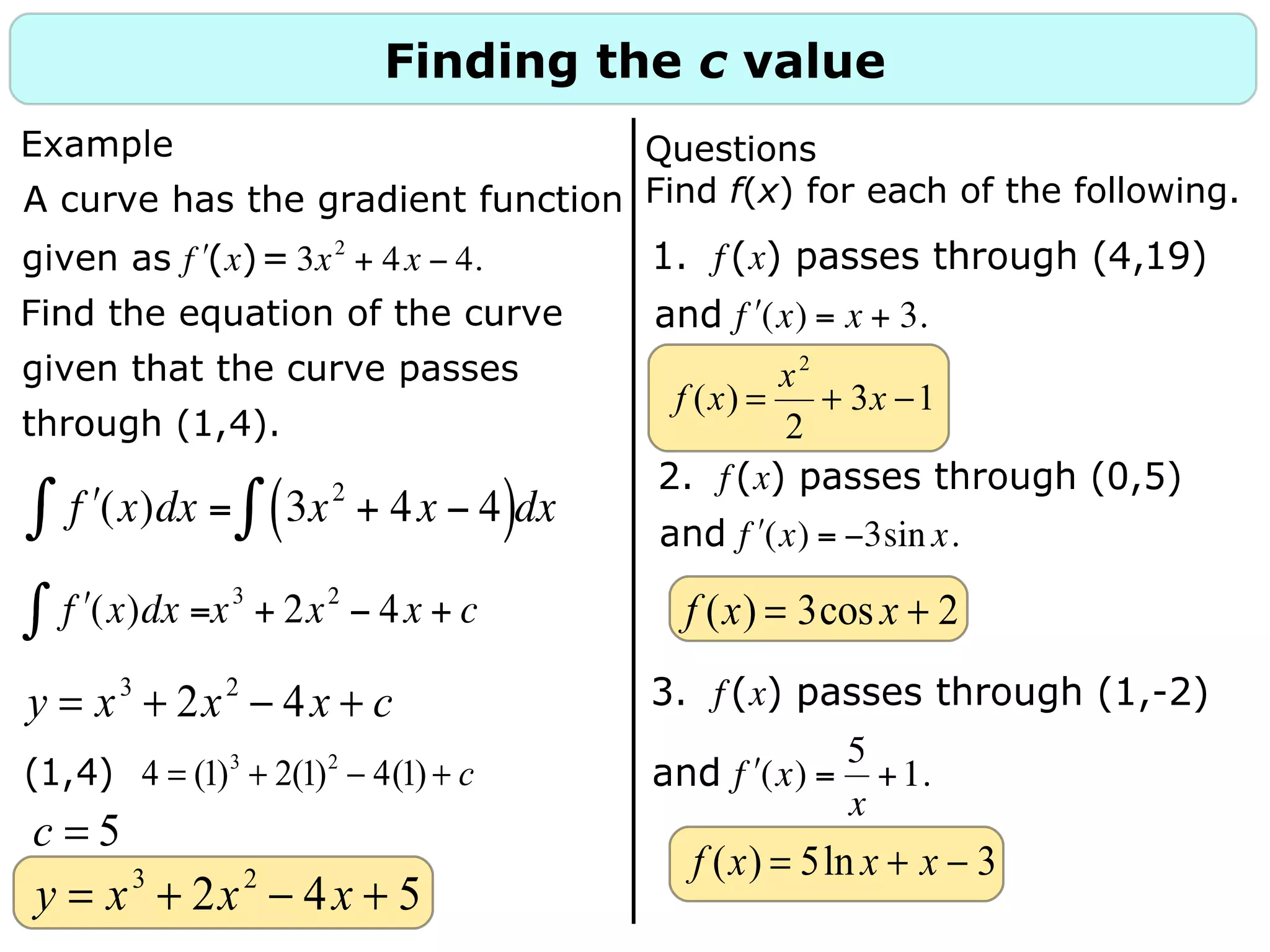 Finding the c value
y = x3
+ 2x2
− 4x + c
(1,4) 4 = (1)3
+ 2(1)2
− 4(1) + c
c = 5
y = x3
+ 2x2
− 4x + 5
Questions
Find f(x) for each of the following.
f (x) =
x2
2
+ 3x −1
f (x) = 3cos x + 2
f (x) = 5ln x + x − 3