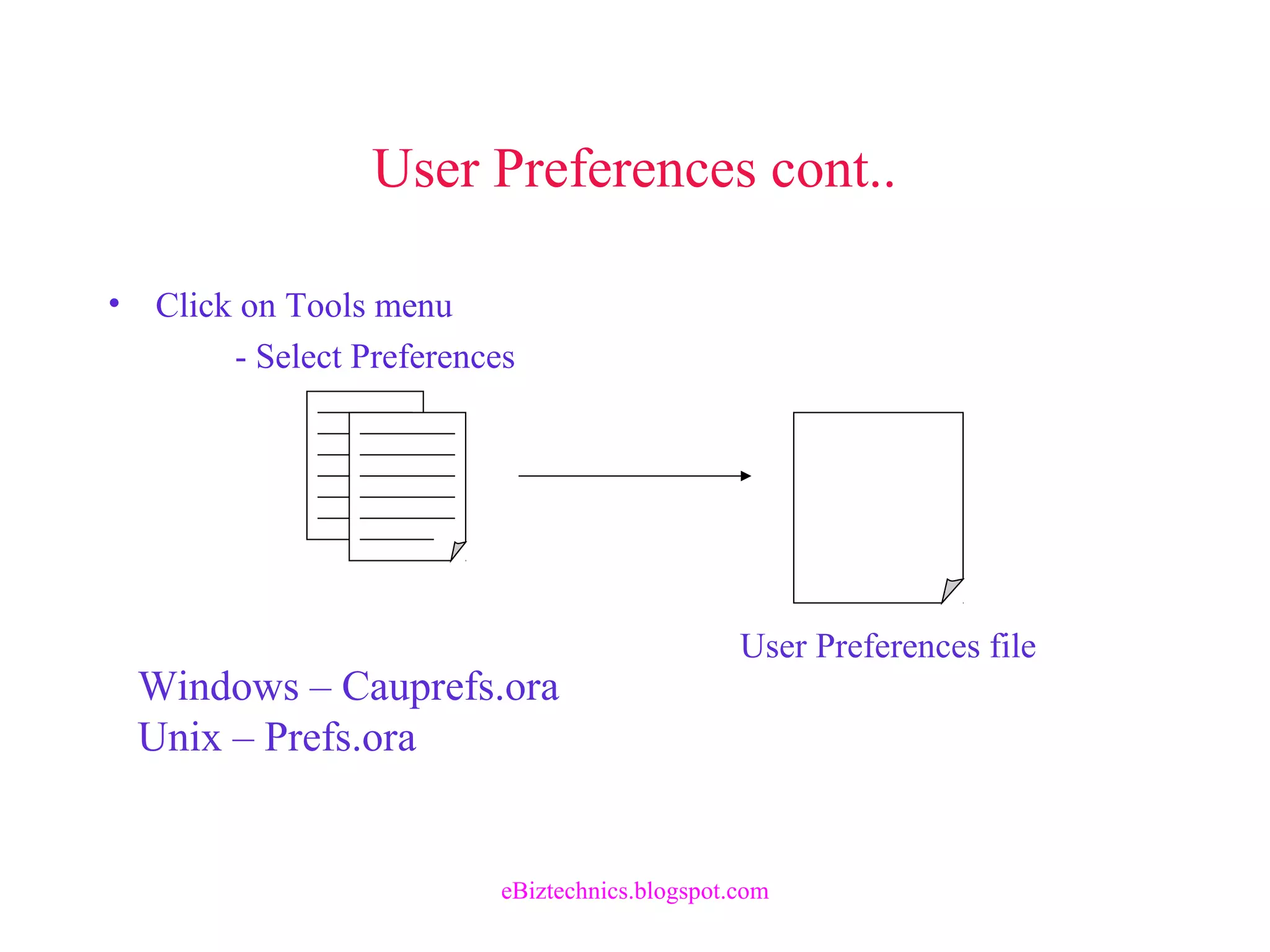 User Preferences cont..
• Click on Tools menu
- Select Preferences
User Preferences file
Windows – Cauprefs.ora
Unix – Prefs.ora
eBiztechnics.blogspot.com
 