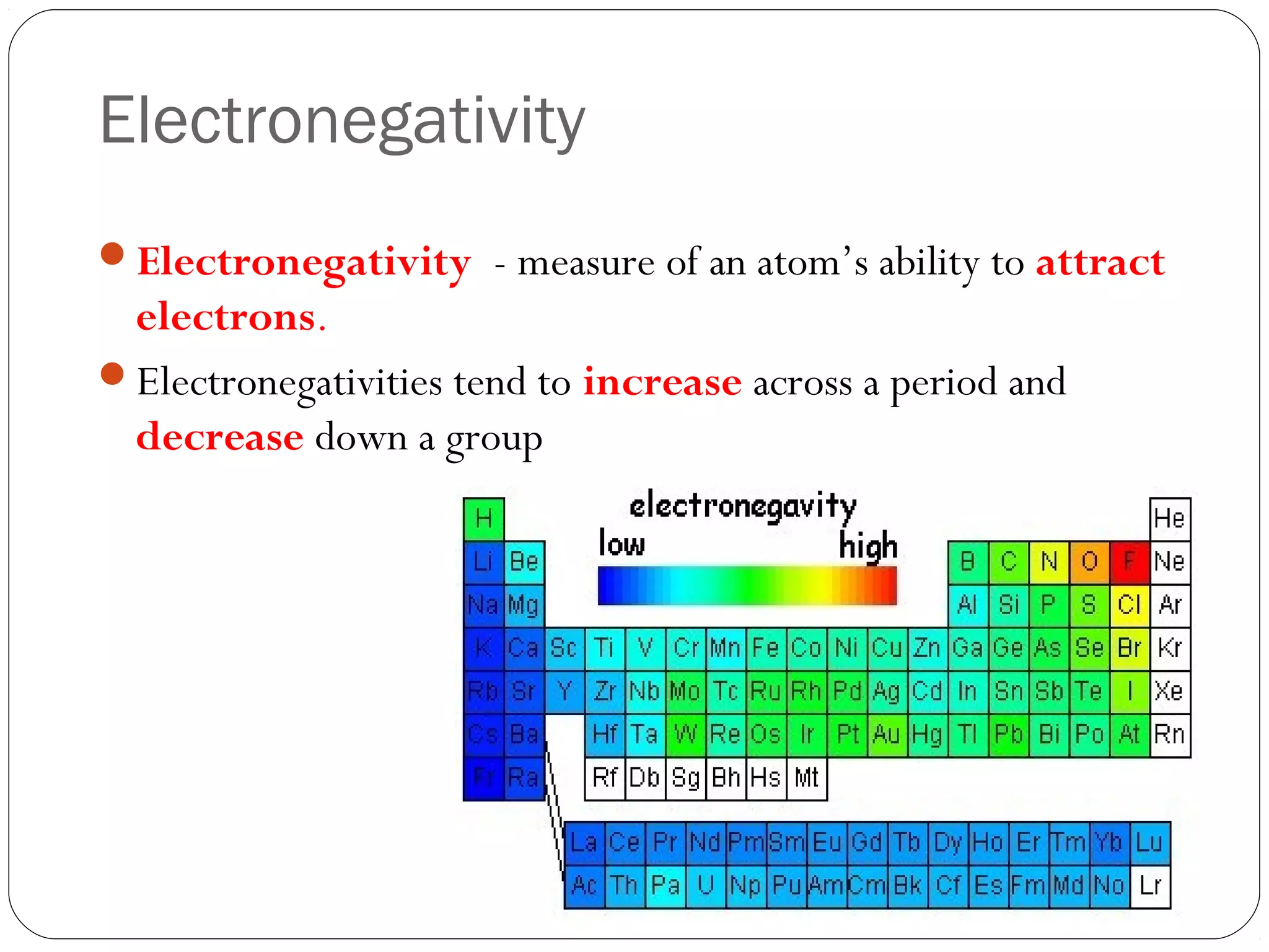 Electronegativity
Electronegativity - measure of an atom’s ability to attract
 electrons.
Electronegativities tend to increase across a period and
 decrease down a group
 