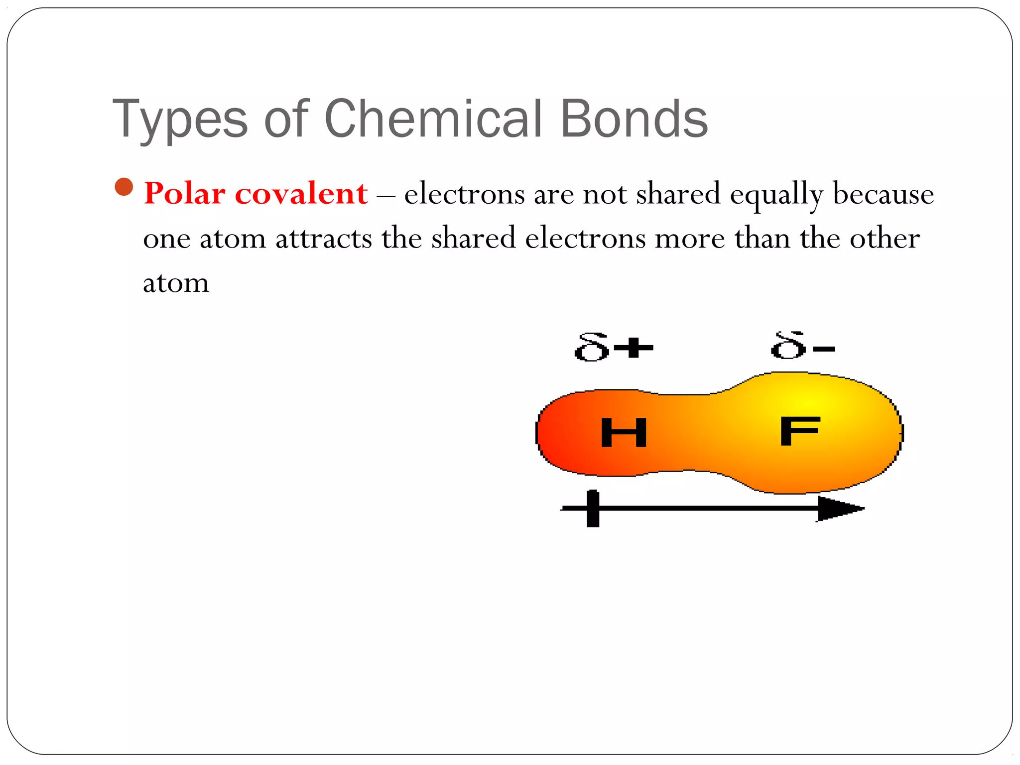 Types of Chemical Bonds
Polar covalent – electrons are not shared equally because
  one atom attracts the shared electrons more than the other
  atom
 