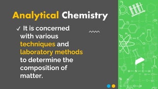 Analytical Chemistry
✔ It is concerned
with various
techniques and
laboratory methods
to determine the
composition of
matter.
 