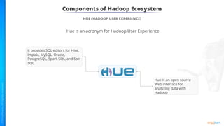 Components of Hadoop Ecosystem
HUE (HADOOP USER EXPERIENCE)
Hue is an acronym for Hadoop User Experience
Hue is an open source
Web interface for
analyzing data with
Hadoop
It provides SQL editors for Hive,
Impala, MySQL, Oracle,
PostgreSQL, Spark SQL, and Solr
SQL
 
