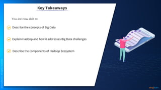 Describe the concepts of Big Data
Explain Hadoop and how it addresses Big Data challenges
Describe the components of Hadoop Ecosystem
Key Takeaways
You are now able to:
 