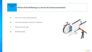 Knowledge
Check
a.
b.
c.
d.
Which of the following is a source of unstructured data?
1
Data from social media websites
Transactional data in Amazon’s database
Web and server logs
All of the above
 