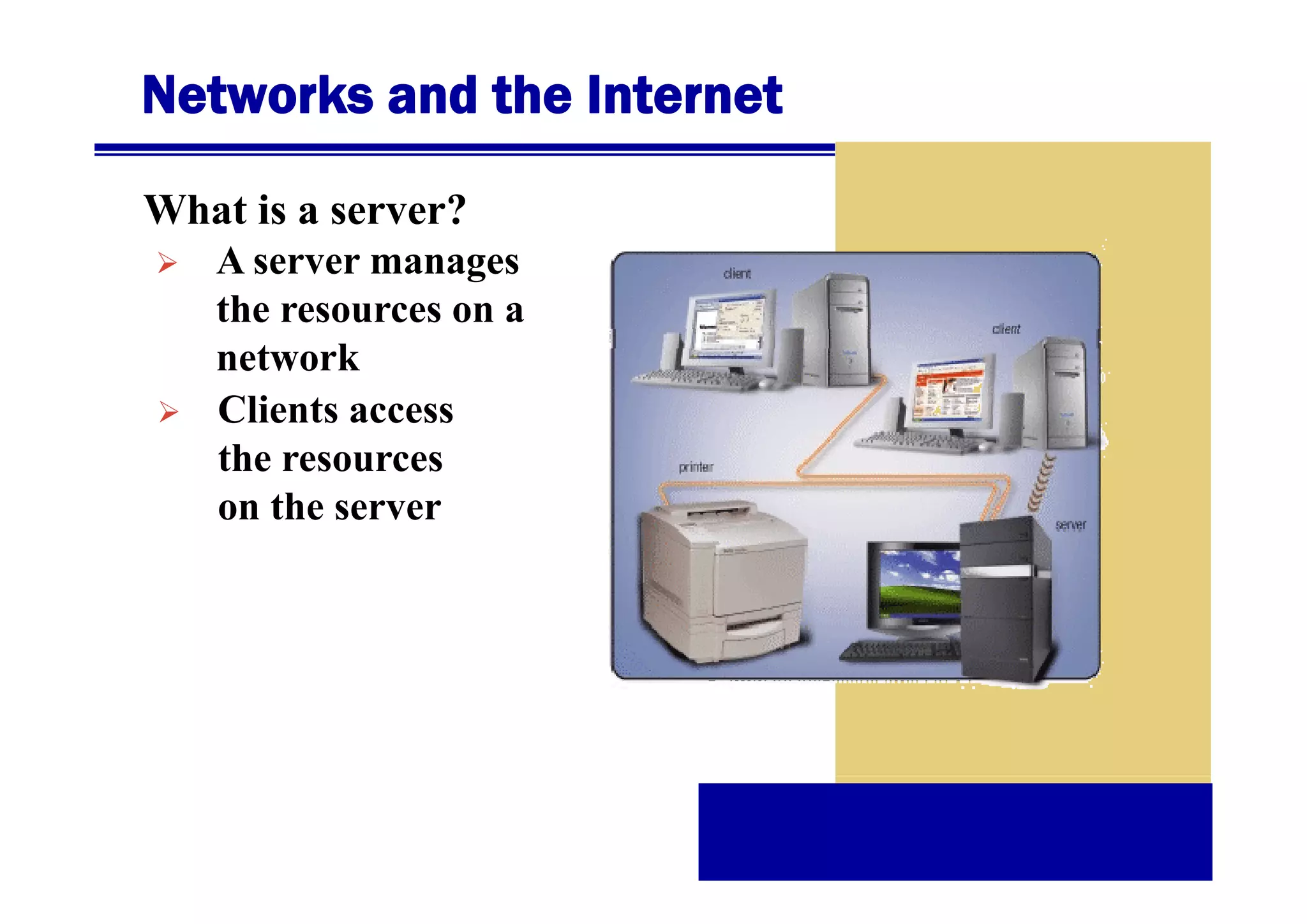 Networks and the Internet
What is a server?
A server manages
the resources on a
network
Clients access
the resources
on the server

 