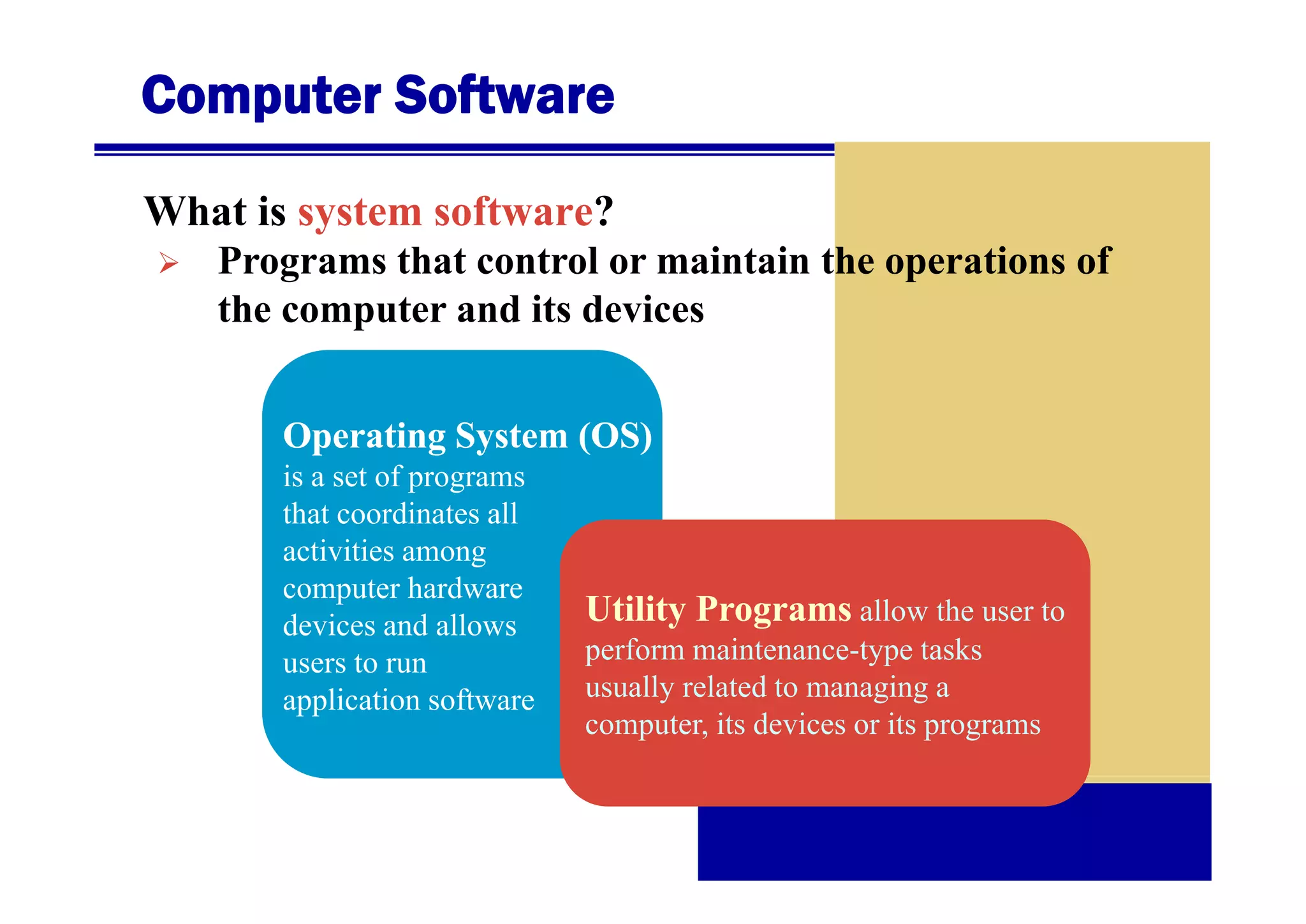 Computer Software
What is system software?
Programs that control or maintain the operations of
P
th t
t l
i t i th
ti
f
the computer and its devices
Operating System (OS)
is a set of programs
that coordinates all
activities among
g
computer hardware
devices and allows
users to run
application software

Utility Programs allow the user to
perform maintenance-type tasks
usually related to managing a
computer, its devices or its programs

 
