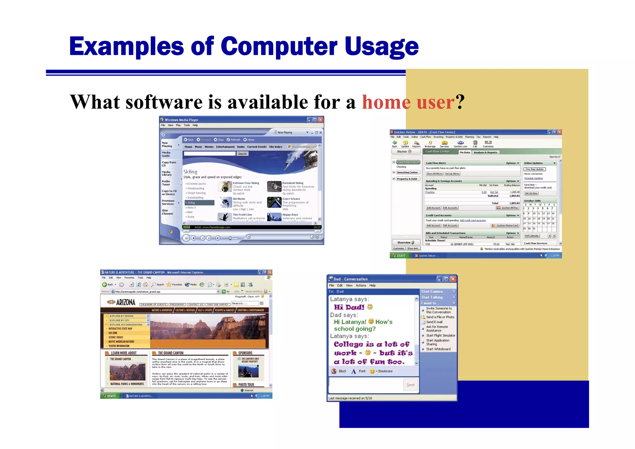 Examples of Computer Usage
What software is available for a home user?

 