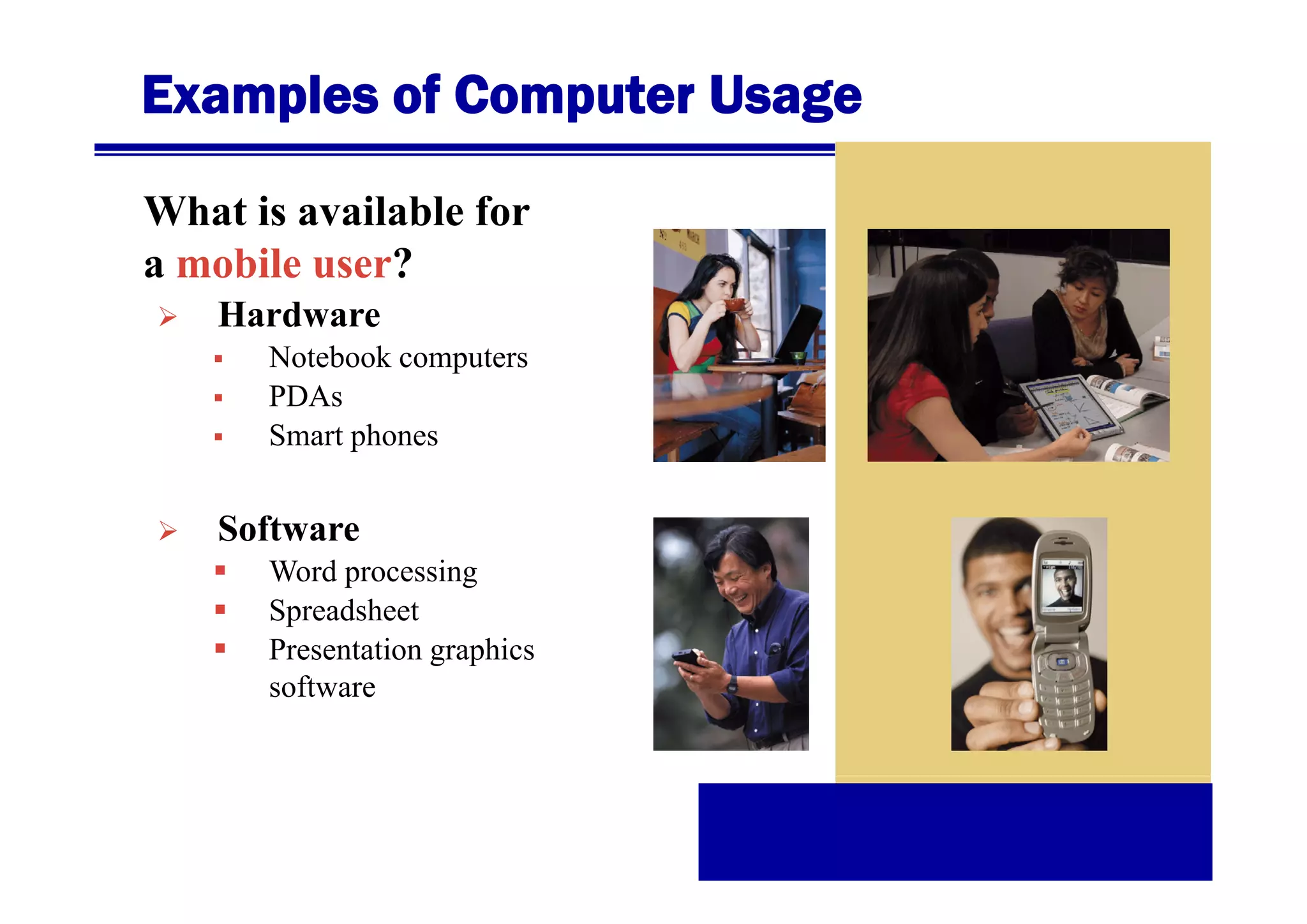 Examples of Computer Usage
What is available for
a mobile user?
bil
?
Hardware
Notebook computers
PDAs
Smart phones

Software
Word
W d processing
i
Spreadsheet
Presentation graphics
software

 