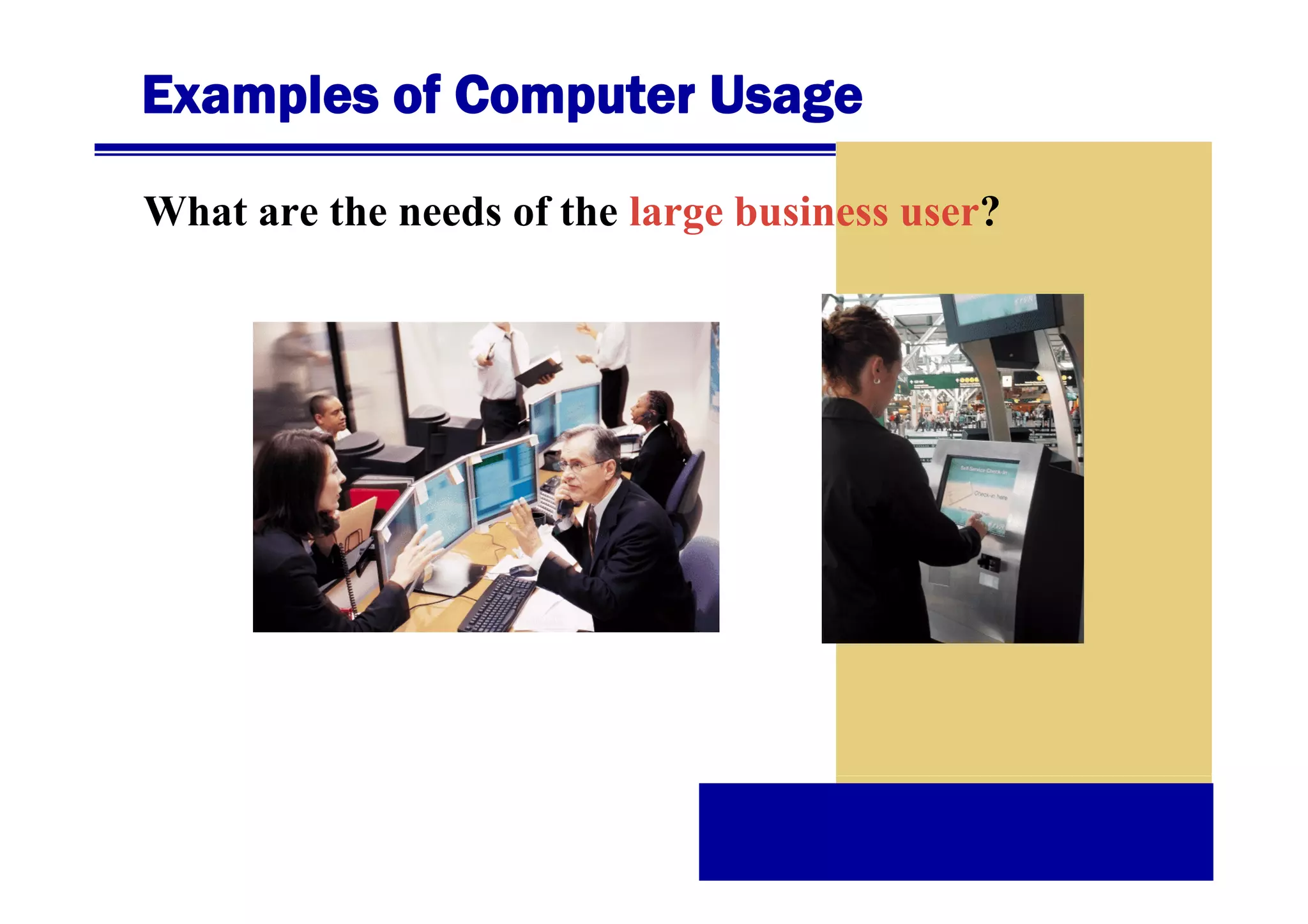 Examples of Computer Usage
What are the needs of the large business user?

 