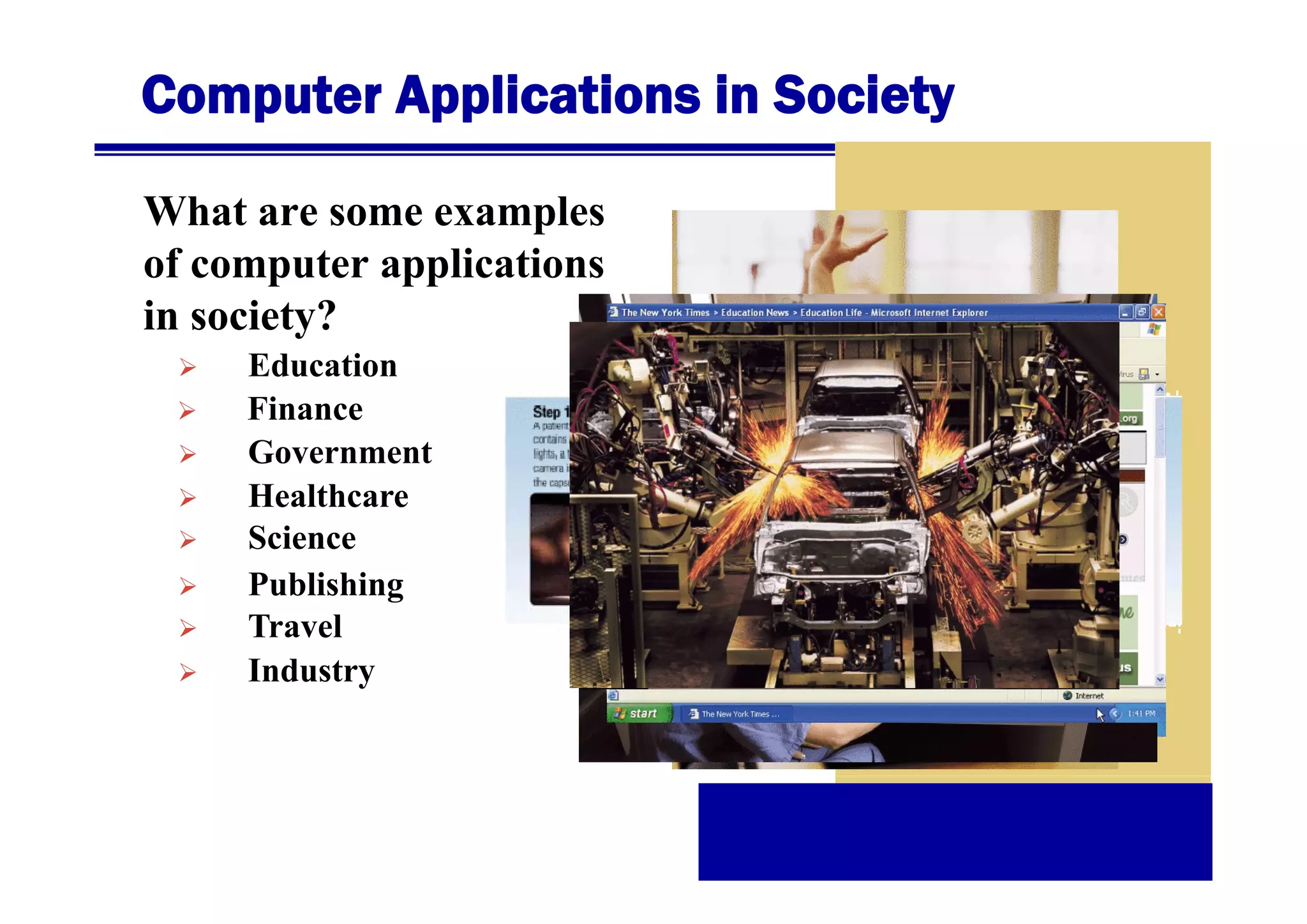 Computer Applications in Society
What are some examples
of computer applications
f
t
li ti
in society?
Education
Ed
ti
Finance
Government
Healthcare
Science
Publishing
Travel
Industry

 