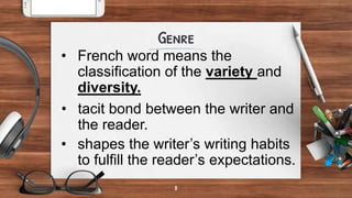 • French word means the
classification of the variety and
diversity.
• tacit bond between the writer and
the reader.
• shapes the writer’s writing habits
to fulfill the reader’s expectations.
 