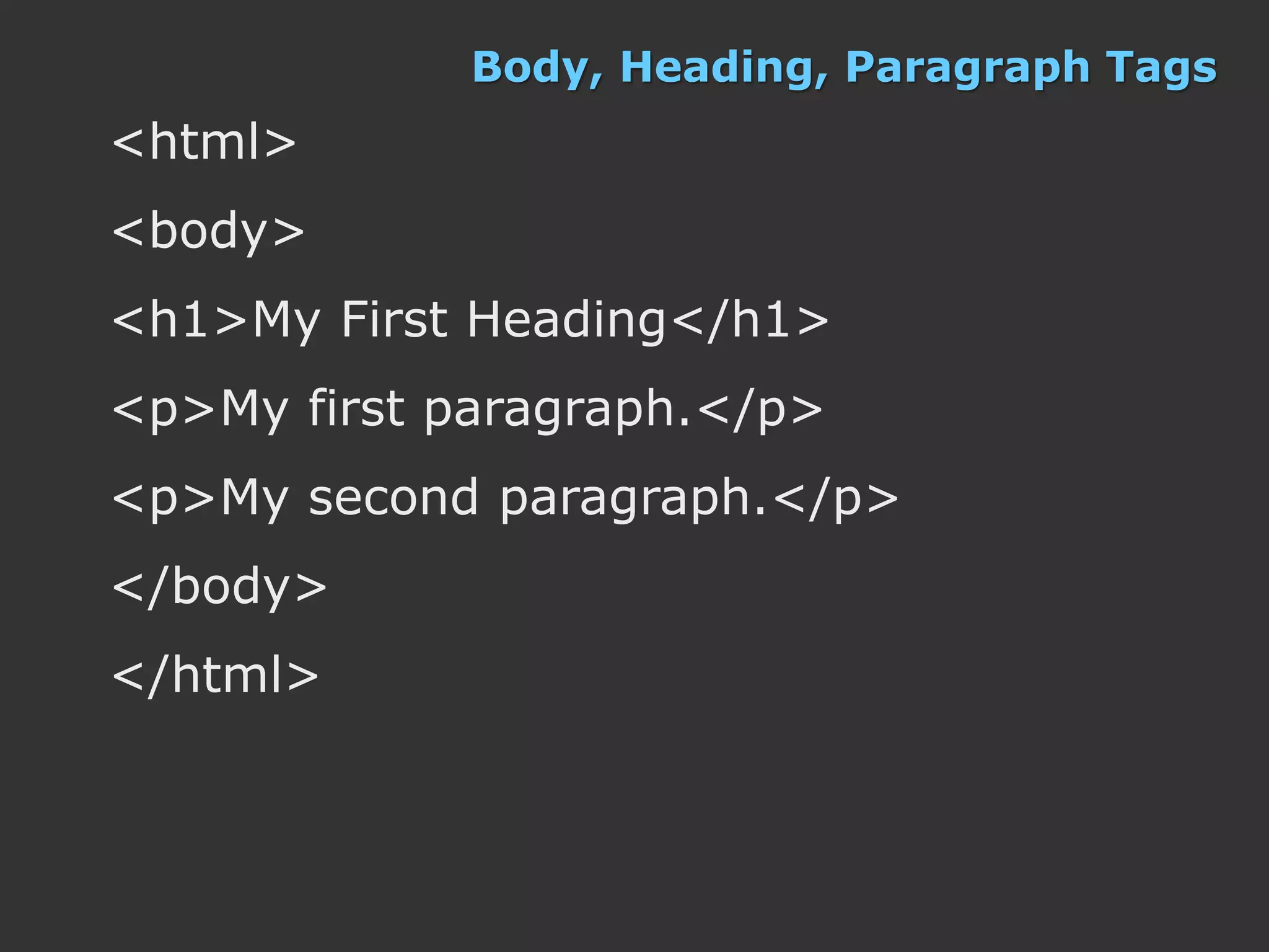 Body, Heading, Paragraph Tags
<html>
<body>
<h1>My First Heading</h1>
<p>My first paragraph.</p>
<p>My second paragraph.</p>
</body>
</html>
 