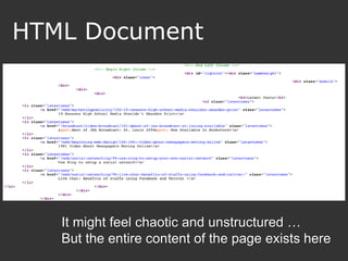 HTML Document




   It might feel chaotic and unstructured …
   But the entire content of the page exists here
 