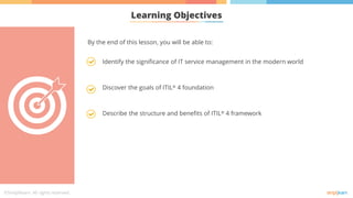 Learning Objectives
Identify the significance of IT service management in the modern world
Discover the goals of ITIL® 4 foundation
Describe the structure and benefits of ITIL® 4 framework
By the end of this lesson, you will be able to:
 