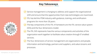 Key Takeaways
Service management is changing to address and support the organizational
shift and ensure that the opportunities from new technologies are maximized.
ITIL has led the ITSM industry with guidance, training, and certification
programs for more than 30 years.
The key components of the ITIL 4 framework are the ITIL service value system
(SVS) and the four dimensions model.
The ITIL SVS represents how the various components and activities of the
organization work together to facilitate value creation through IT enabled
services.
The four dimensions of service management are organizations and people,
information and technology, partners and suppliers, and value streams and
processes.
 