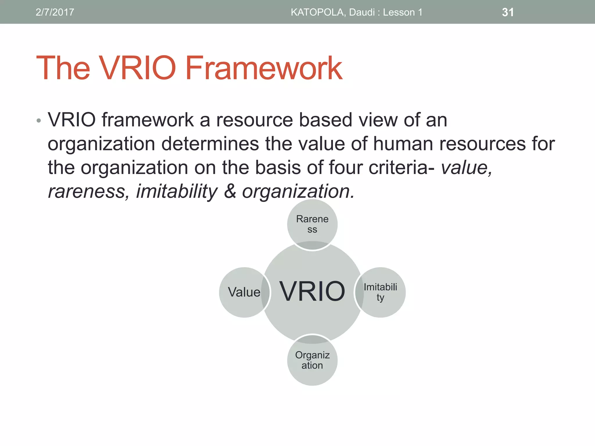 The VRIO Framework
• VRIO framework a resource based view of an
organization determines the value of human resources for
the organization on the basis of four criteria- value,
rareness, imitability & organization.
VRIO
Rarene
ss
Imitabili
ty
Organiz
ation
Value
312/7/2017 KATOPOLA, Daudi : Lesson 1
 