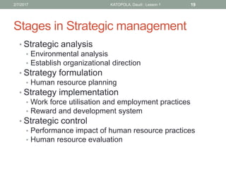Stages in Strategic management
• Strategic analysis
• Environmental analysis
• Establish organizational direction
• Strategy formulation
• Human resource planning
• Strategy implementation
• Work force utilisation and employment practices
• Reward and development system
• Strategic control
• Performance impact of human resource practices
• Human resource evaluation
192/7/2017 KATOPOLA, Daudi : Lesson 1
 