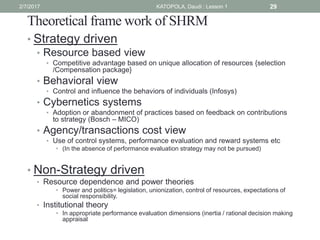 Theoretical frame work of SHRM
• Strategy driven
• Resource based view
• Competitive advantage based on unique allocation of resources {selection
/Compensation package}
• Behavioral view
• Control and influence the behaviors of individuals (Infosys)
• Cybernetics systems
• Adoption or abandonment of practices based on feedback on contributions
to strategy (Bosch – MICO)
• Agency/transactions cost view
• Use of control systems, performance evaluation and reward systems etc
• (In the absence of performance evaluation strategy may not be pursued)
• Non-Strategy driven
• Resource dependence and power theories
• Power and politics= legislation, unionization, control of resources, expectations of
social responsibility.
• Institutional theory
• In appropriate performance evaluation dimensions (inertia / rational decision making
appraisal
292/7/2017 KATOPOLA, Daudi : Lesson 1
 