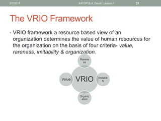 The VRIO Framework
• VRIO framework a resource based view of an
organization determines the value of human resources for
the organization on the basis of four criteria- value,
rareness, imitability & organization.
VRIO
Rarene
ss
Imitabili
ty
Organiz
ation
Value
312/7/2017 KATOPOLA, Daudi : Lesson 1
 