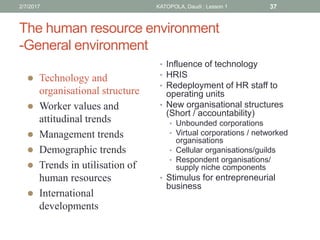 The human resource environment
-General environment
• Influence of technology
• HRIS
• Redeployment of HR staff to
operating units
• New organisational structures
(Short / accountability)
• Unbounded corporations
• Virtual corporations / networked
organisations
• Cellular organisations/guilds
• Respondent organisations/
supply niche components
• Stimulus for entrepreneurial
business
 Technology and
organisational structure
 Worker values and
attitudinal trends
 Management trends
 Demographic trends
 Trends in utilisation of
human resources
 International
developments
372/7/2017 KATOPOLA, Daudi : Lesson 1
 
