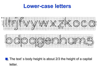 The text’ s body height is about 2/3 the height of a capital
letter.
Suggested Strokes SequenceLower-case letters
 