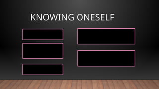 KNOWING ONESELF
doesn't happen in an
instant
it takes mindful
effort and a lot of
time doing it
takes a lot of
courage and guts
get acquainted with people
that inspire and motivate you
to do better
tasks and jobs you can and
cannot do must be known to
you
 