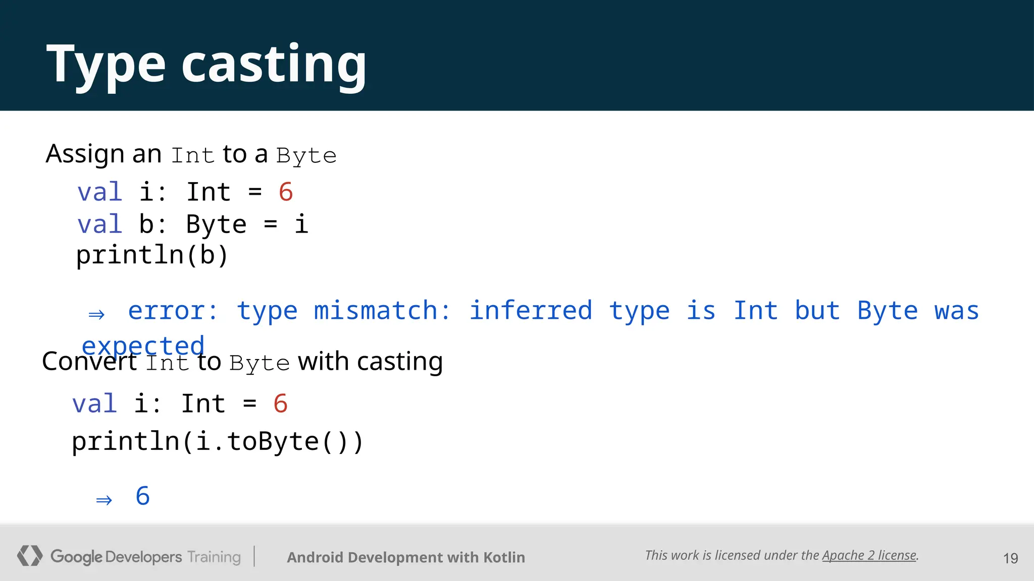 This work is licensed under the Apache 2 license.
Android Development with Kotlin
Type casting
Assign an Int to a Byte
19
val i: Int = 6
println(i.toByte())
⇒ 6
val i: Int = 6
val b: Byte = i
⇒ error: type mismatch: inferred type is Int but Byte was
expected
Convert Int to Byte with casting
println(b)
 