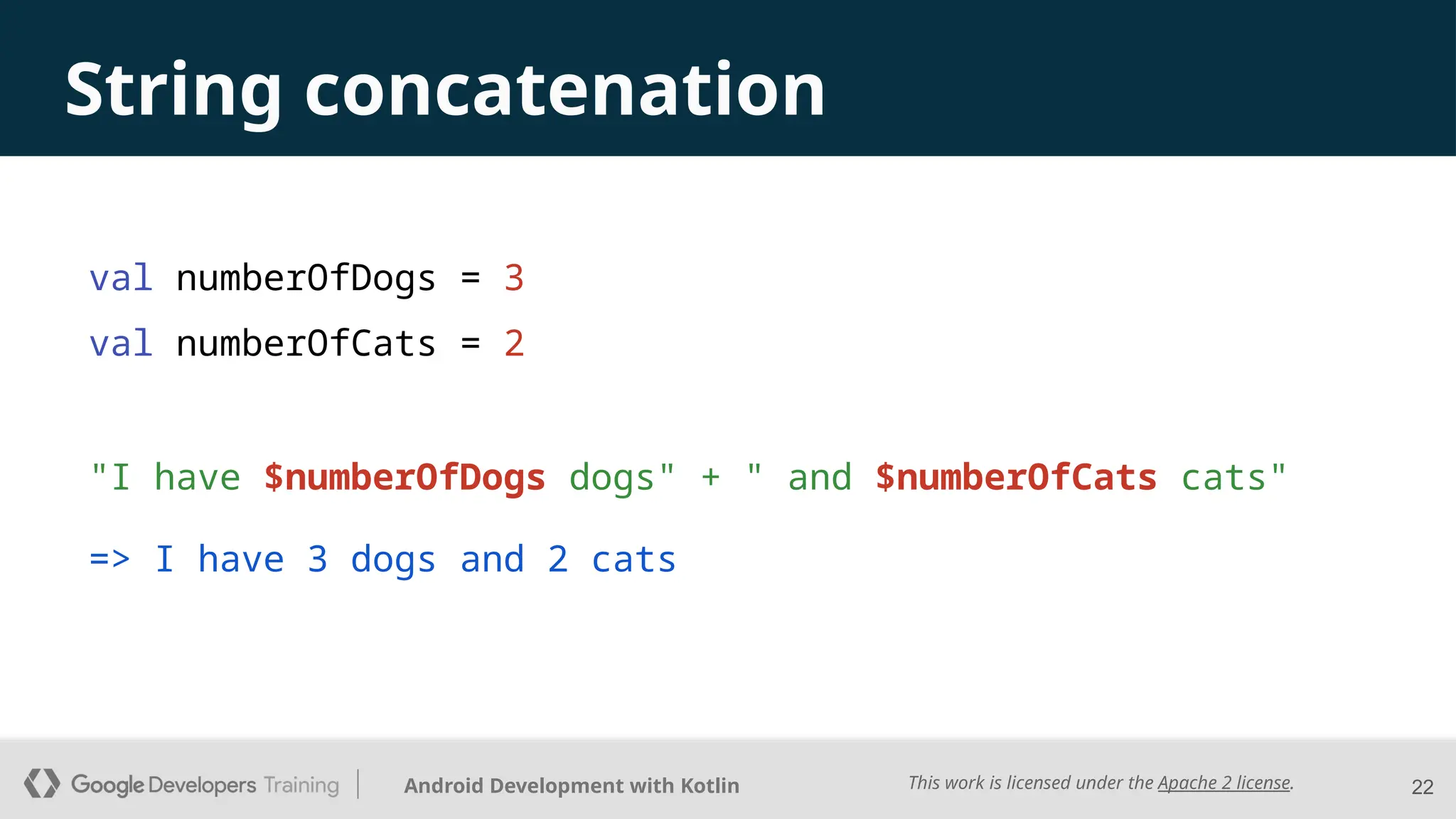 This work is licensed under the Apache 2 license.
Android Development with Kotlin
val numberOfDogs = 3
val numberOfCats = 2
22
String concatenation
=> I have 3 dogs and 2 cats
"I have $numberOfDogs dogs" + " and $numberOfCats cats"
 