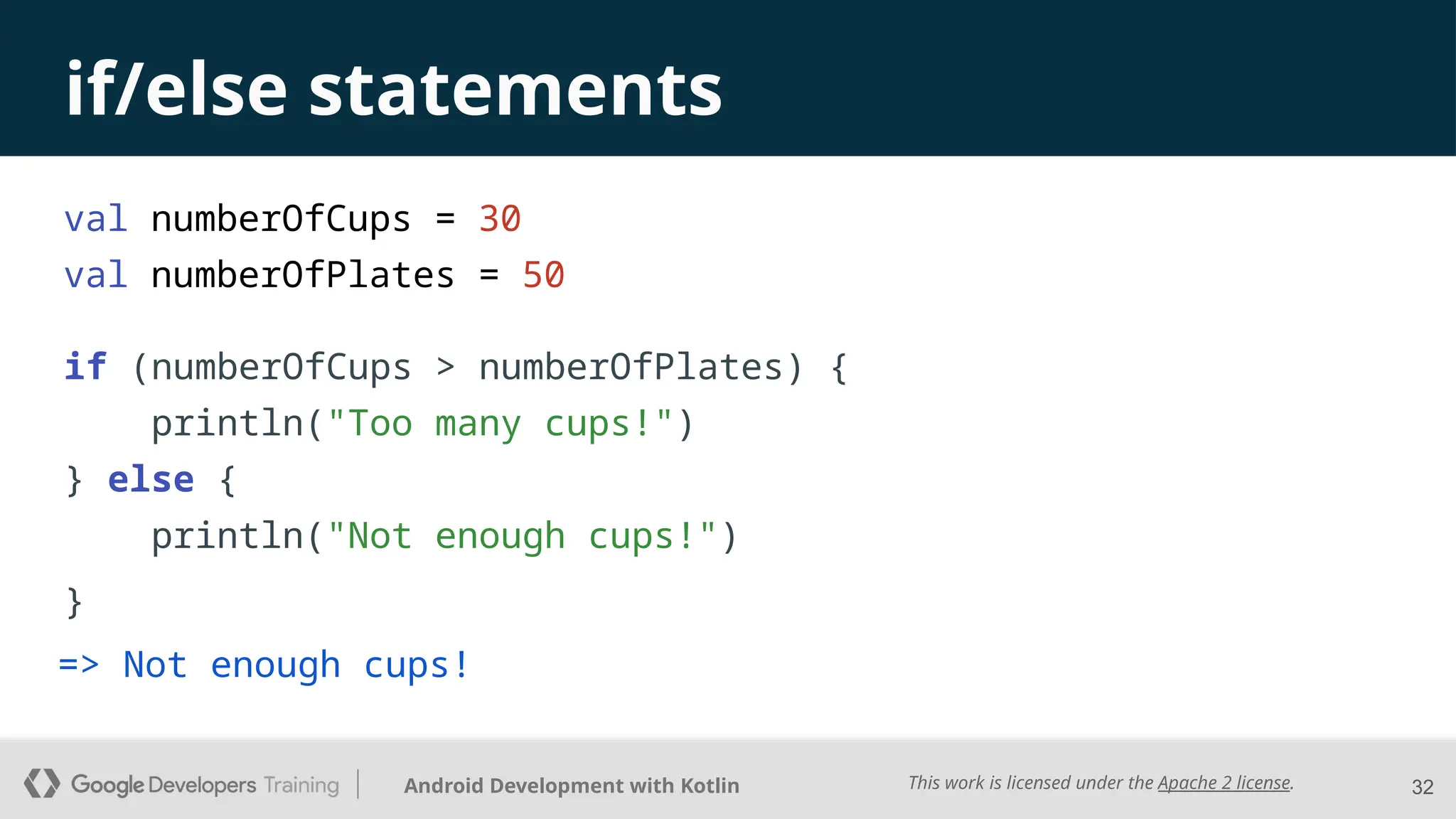 This work is licensed under the Apache 2 license.
Android Development with Kotlin
val numberOfCups = 30
val numberOfPlates = 50
32
if/else statements
=> Not enough cups!
if (numberOfCups > numberOfPlates) {
println("Too many cups!")
} else {
println("Not enough cups!")
}
 