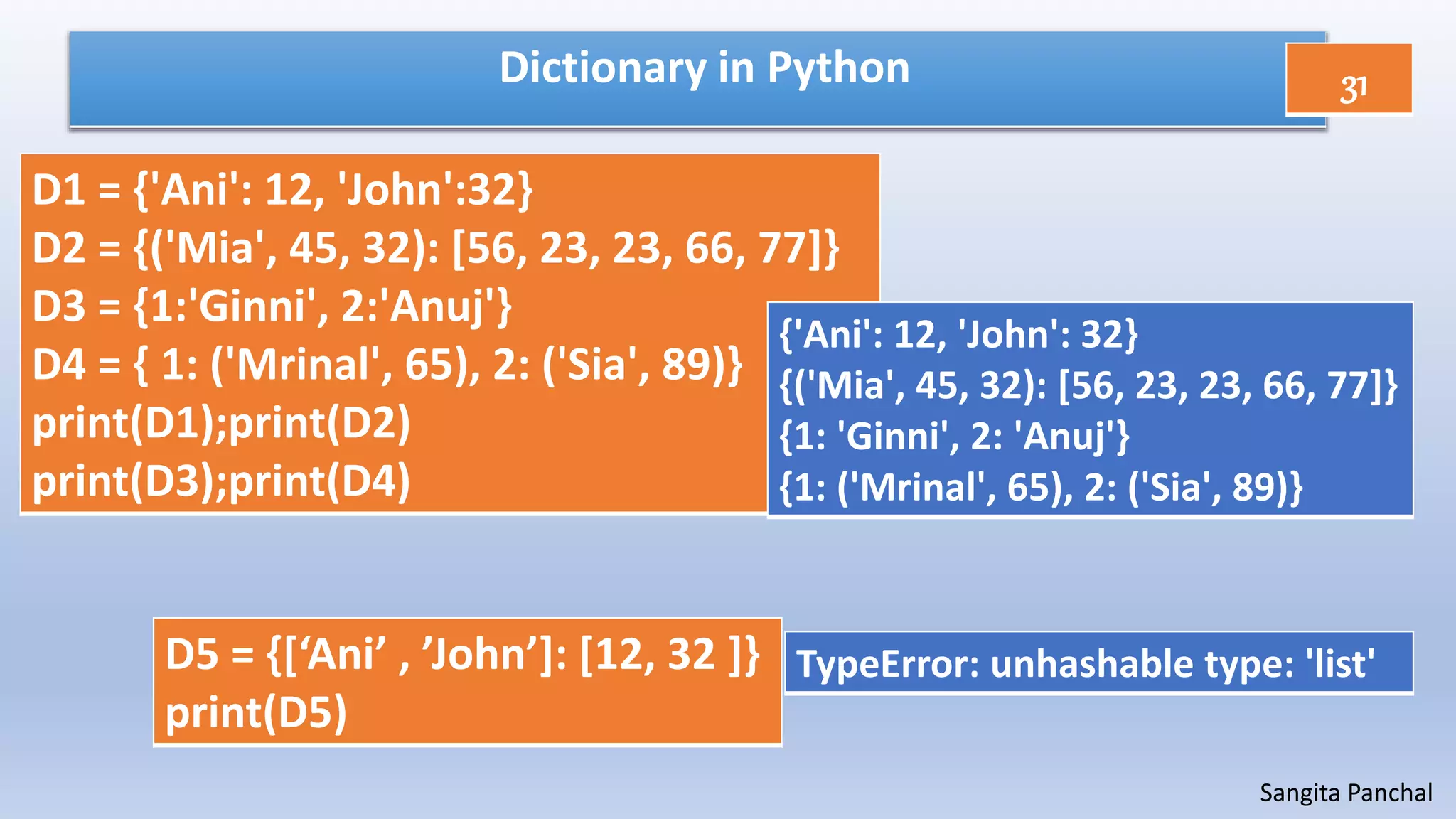 Sangita Panchal
Dictionary in Python
D1 = {'Ani': 12, 'John':32}
D2 = {('Mia', 45, 32): [56, 23, 23, 66, 77]}
D3 = {1:'Ginni', 2:'Anuj'}
D4 = { 1: ('Mrinal', 65), 2: ('Sia', 89)}
print(D1);print(D2)
print(D3);print(D4)
D5 = {[‘Ani’ , ’John’]: [12, 32 ]}
print(D5)
{'Ani': 12, 'John': 32}
{('Mia', 45, 32): [56, 23, 23, 66, 77]}
{1: 'Ginni', 2: 'Anuj'}
{1: ('Mrinal', 65), 2: ('Sia', 89)}
TypeError: unhashable type: 'list'
31
 