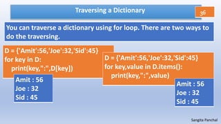 Sangita Panchal
Traversing a Dictionary
D = {'Amit':56,'Joe':32,'Sid':45}
for key in D:
print(key,":",D[key])
You can traverse a dictionary using for loop. There are two ways to
do the traversing.
Amit : 56
Joe : 32
Sid : 45
D = {'Amit':56,'Joe':32,'Sid':45}
for key,value in D.items():
print(key,":",value)
Amit : 56
Joe : 32
Sid : 45
36
 