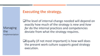 Executing the strategy.
The level of internal change needed will depend on
exactly how much of the strategy is new and how
far do the internal practices and competencies
deviate from what the strategy requires.
Equally (if not most important) is how well does
the present work culture supports good strategy
execution.
Managing
the
Implementation
 
