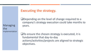 Executing the strategy.
Depending on the level of change required to a
company’s strategy execution could take months to
years.
To ensure the chosen strategy is executed, it is
fundamental that day-to-day
actions/activities/projects are aligned to strategic
objectives.
Managing
the
Implementation
 