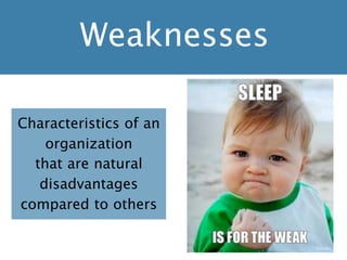Weaknesses
Characteristics of an
organization
that are natural
disadvantages
compared to others
 