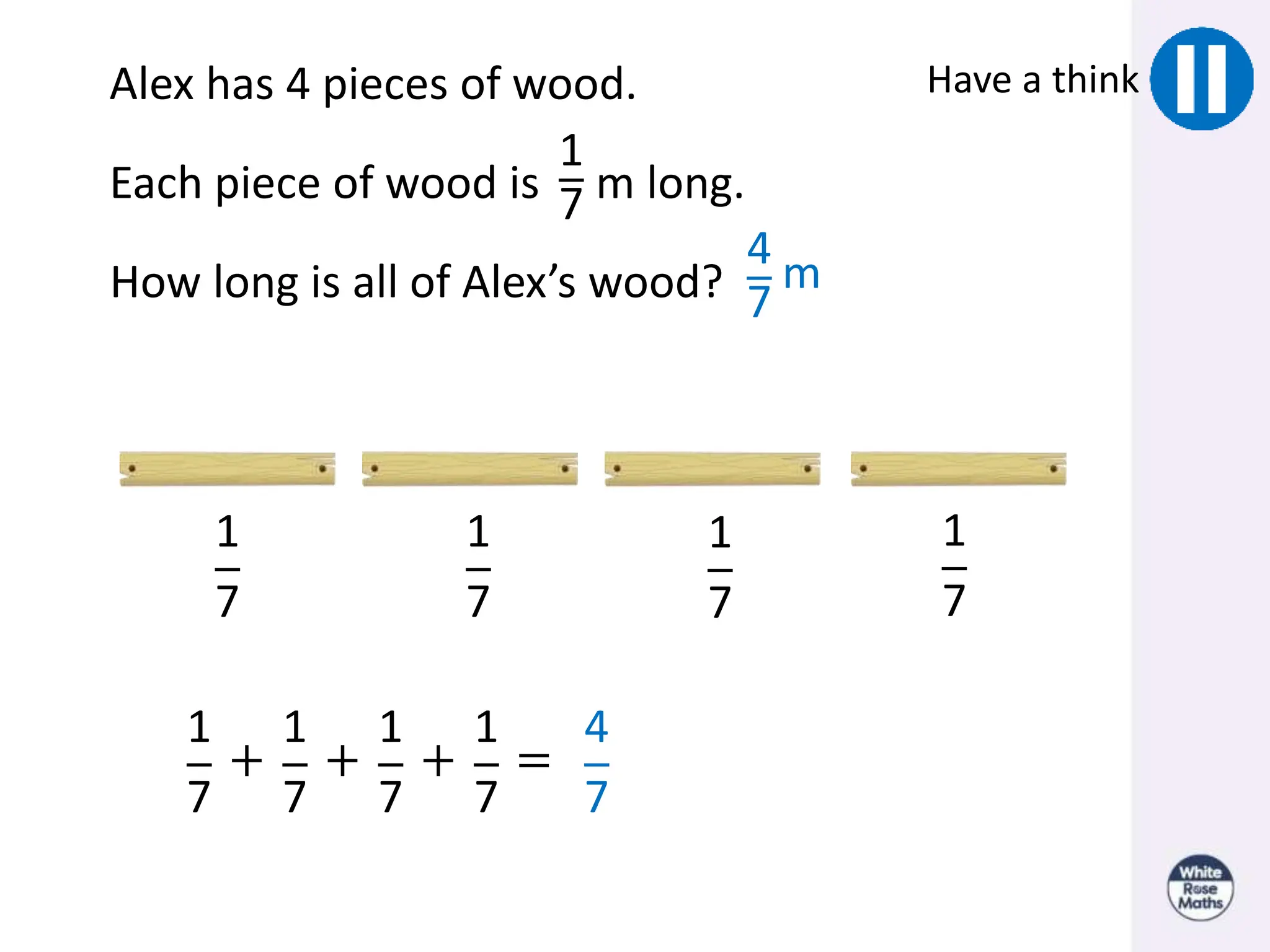 Alex has 4 pieces of wood.
Each piece of wood is m long.
1
7
How long is all of Alex’s wood?
1
7
1
7
1
7
1
7
1
7
1
7
1
7
1
7
+ + + =
4
7
4
7
m
Have a think
 